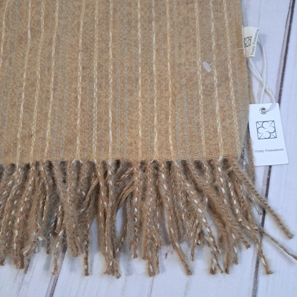 Pretty Persuations Tan Striped Scarf With Fringe.